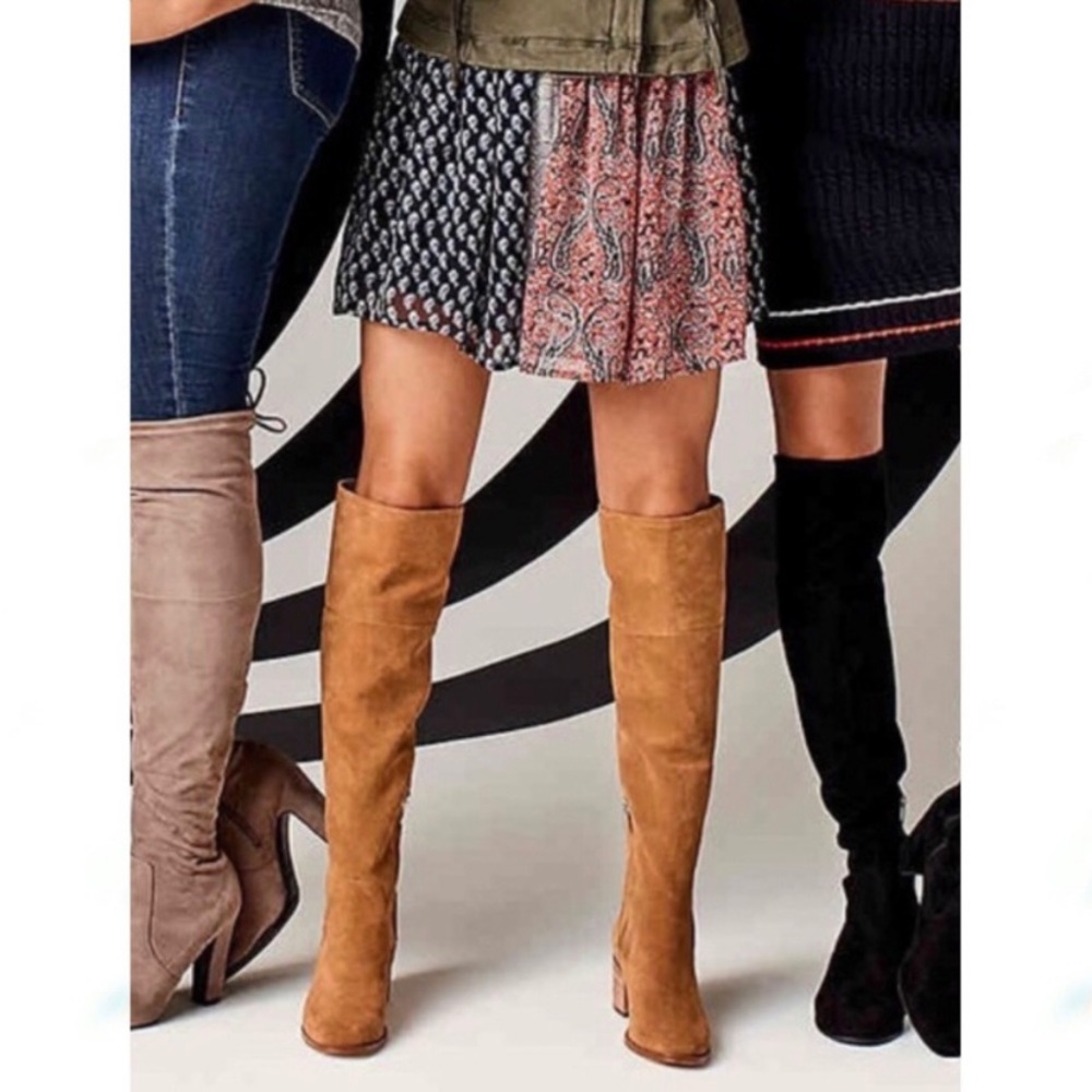 Marc Fisher Epic Wide Calf Suede Knee High Boots Tan Block Heel Size 7.5 WC
